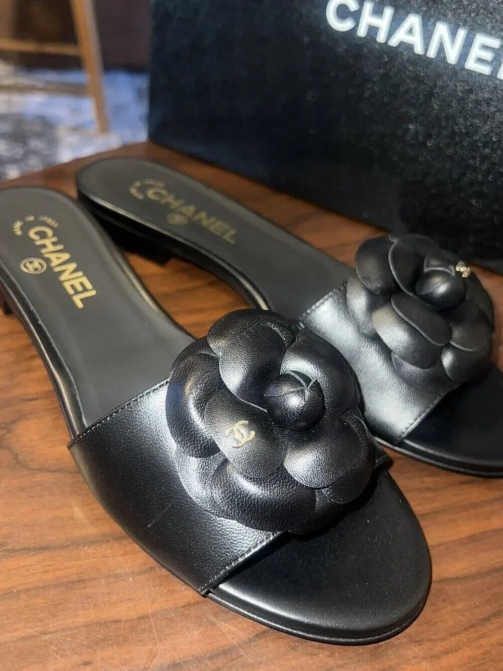 Chanel Camellia Flower Slides CC logo Mules Sandals, sz38